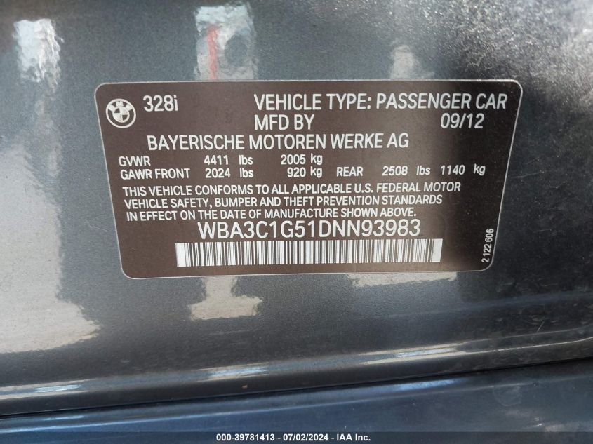 2013 BMW 328 I Sulev VIN: WBA3C1G51DNN93983 Lot: 39781413