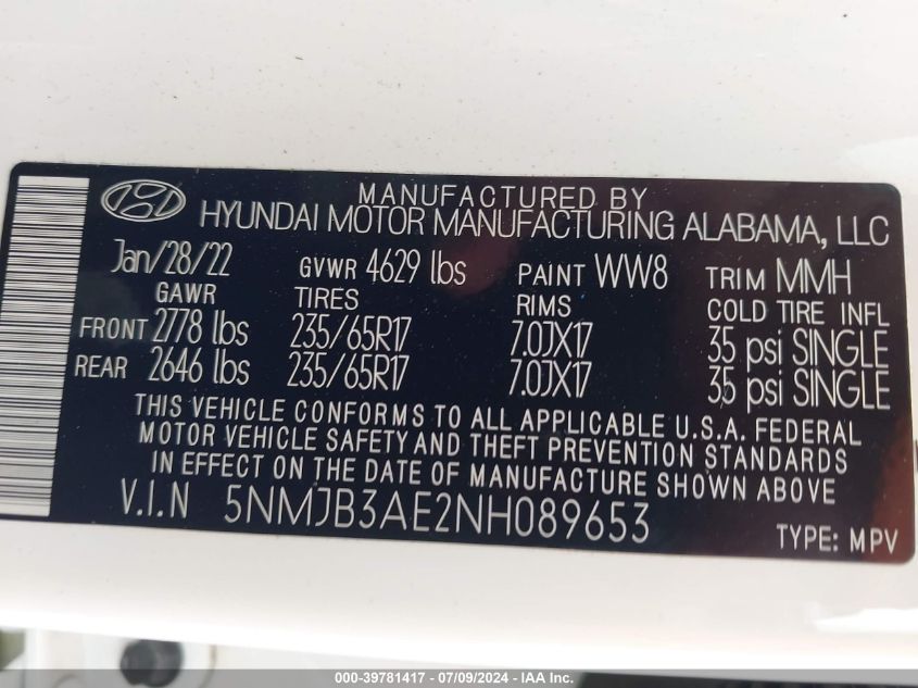 2022 Hyundai Tucson Sel VIN: 5NMJB3AE2NH089653 Lot: 39781417