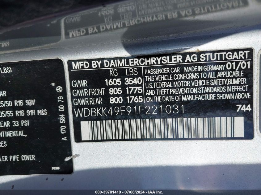 2001 Mercedes-Benz Slk 230 Kompressor VIN: WDBKK49F91F221031 Lot: 39781419