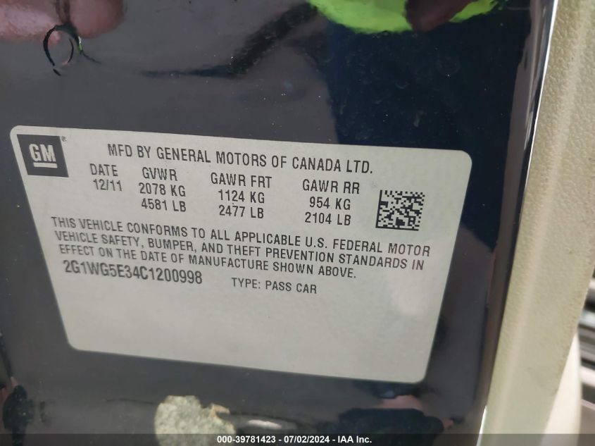 2012 Chevrolet Impala Lt VIN: 2G1WG5E34C1200998 Lot: 39781423