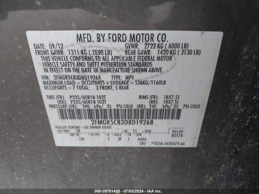 2013 Ford Flex Sel VIN: 2FMGK5C83DBD19268 Lot: 39781435