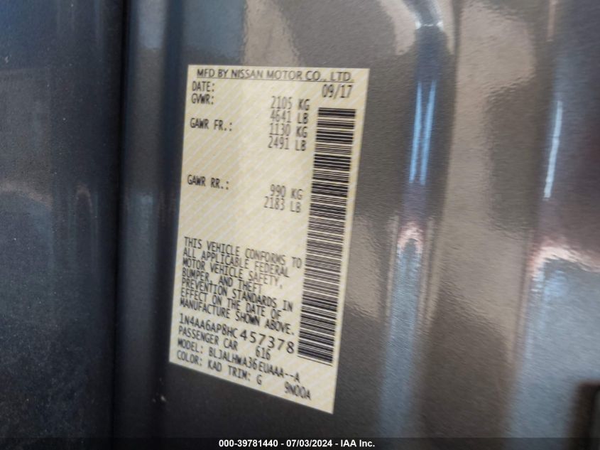 2017 Nissan Maxima 3.5S/Sv/Sl/Sr/Plat VIN: 1N4AA6AP8HC457378 Lot: 39781440
