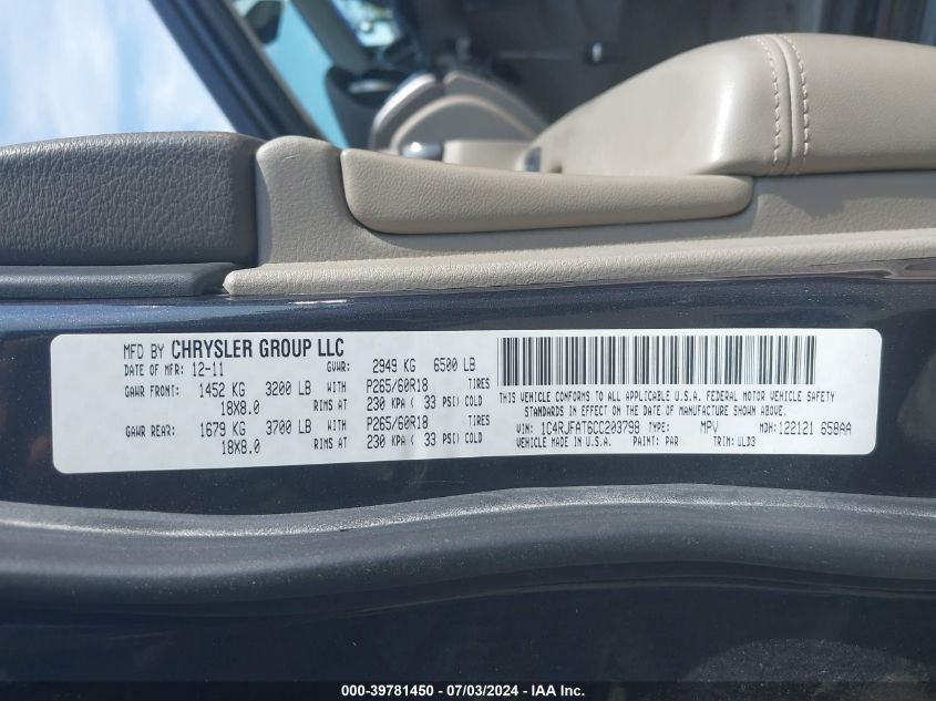 2012 Jeep Grand Cherokee Laredo VIN: 1C4RJFAT6CC203798 Lot: 39781450