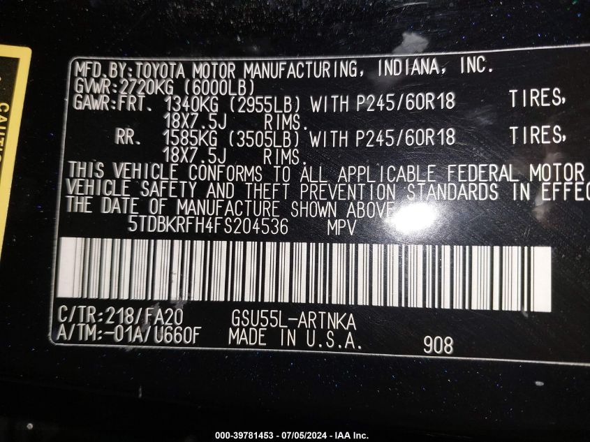 2015 Toyota Highlander Le Plus V6 VIN: 5TDBKRFH4FS204536 Lot: 39781453