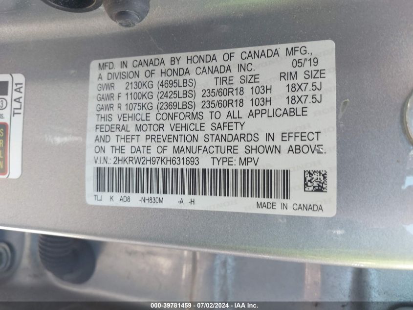 2019 Honda Cr-V Touring VIN: 2HKRW2H97KH631693 Lot: 39781459