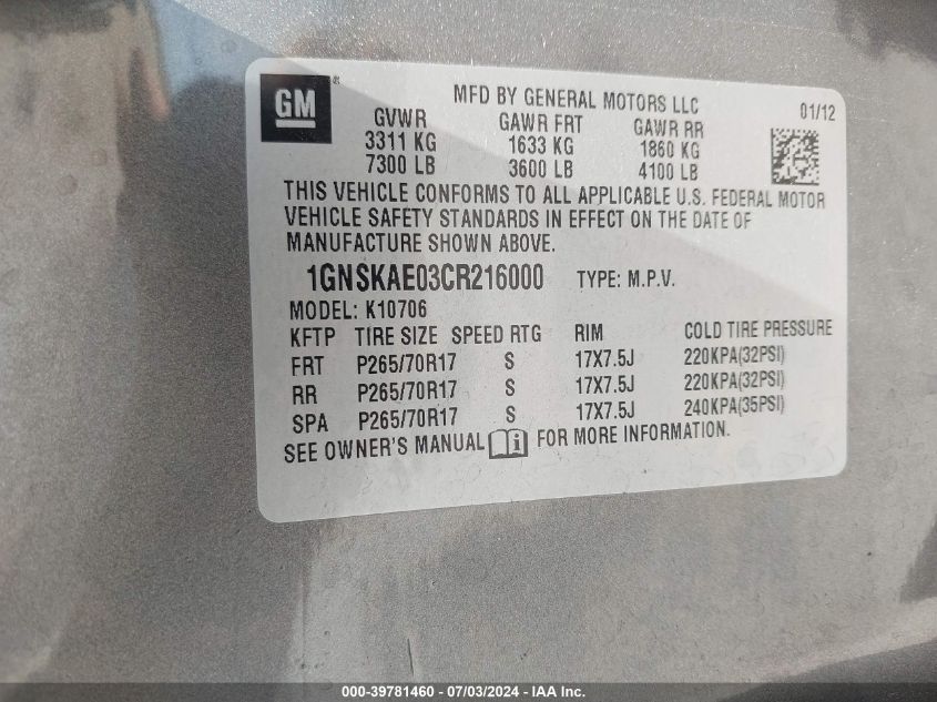 2012 Chevrolet Tahoe Ls VIN: 1GNSKAE03CR216000 Lot: 39781460