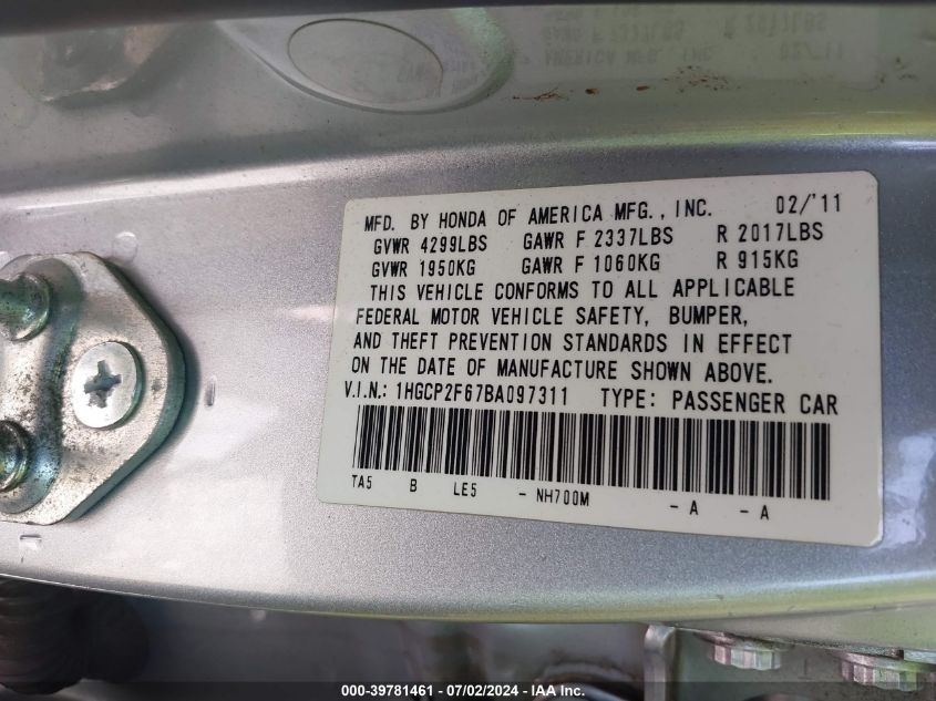 2011 Honda Accord 2.4 Se VIN: 1HGCP2F67BA097311 Lot: 39781461