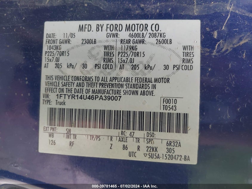 2006 Ford Ranger Sport/Stx/Xl/Xlt VIN: 1FTYR14U46PA39007 Lot: 39781465