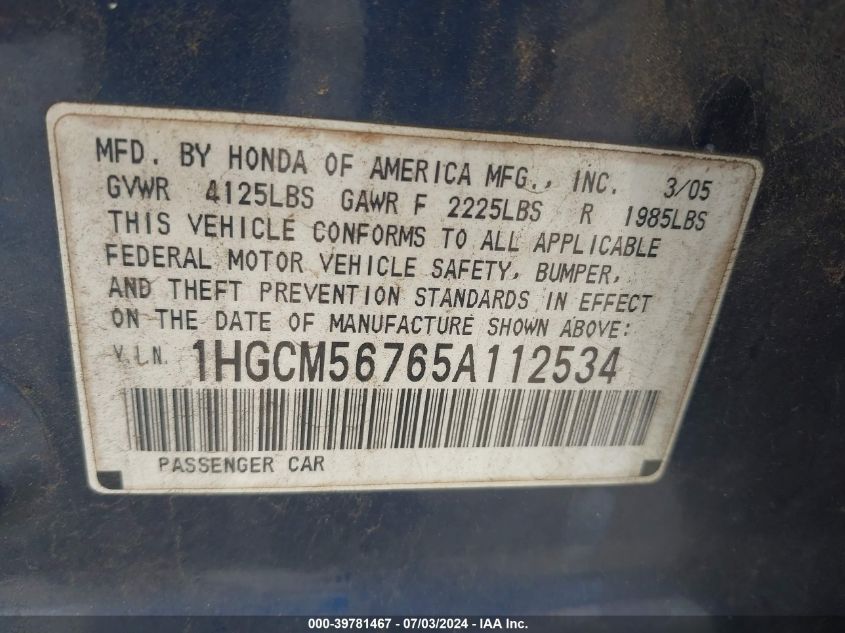2005 Honda Accord 2.4 Ex VIN: 1HGCM56765A112534 Lot: 39781467