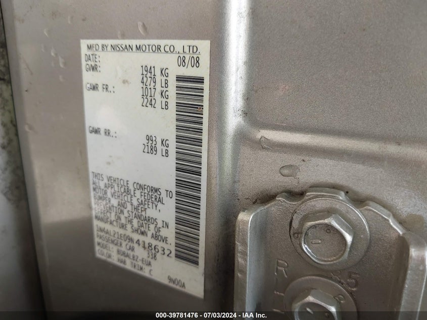 2009 Nissan Altima 2.5 S VIN: 1N4AL21E09N418632 Lot: 39781476