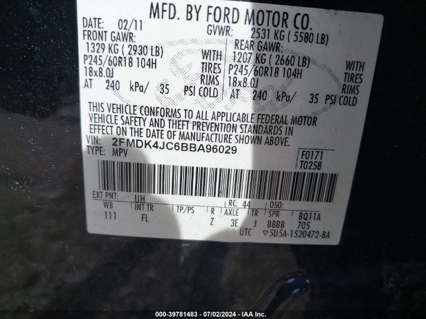 2011 Ford Edge Sel VIN: 2FMDK4JC6BBA96029 Lot: 39781483