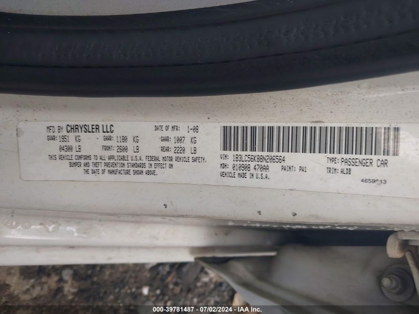 2008 Dodge Avenger Sxt VIN: 1B3LC56K88N206564 Lot: 39781487