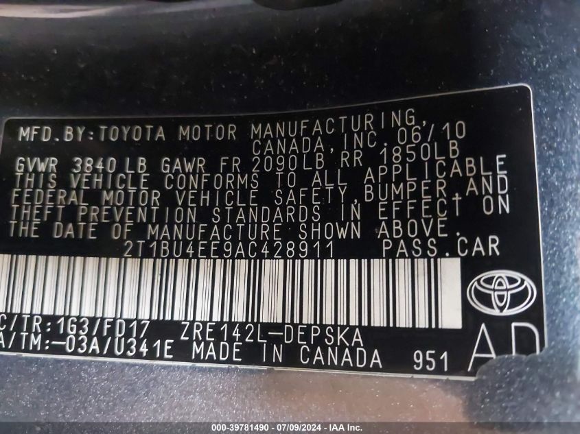 2010 Toyota Corolla S/Le/Xle VIN: 2T1BU4EE9AC428911 Lot: 39781490