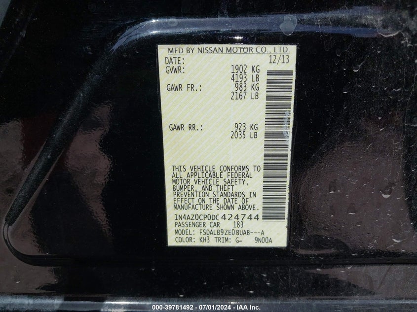 2013 Nissan Leaf S VIN: 1N4AZ0CP0DC424744 Lot: 39781492