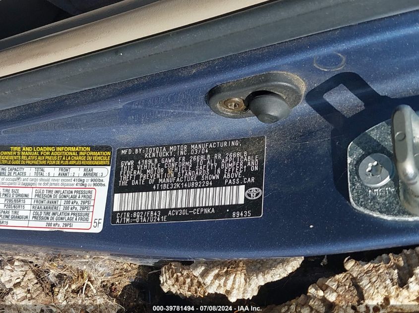 2004 Toyota Camry Le/Xle/Se VIN: 4T1BE32K14U892294 Lot: 39781494