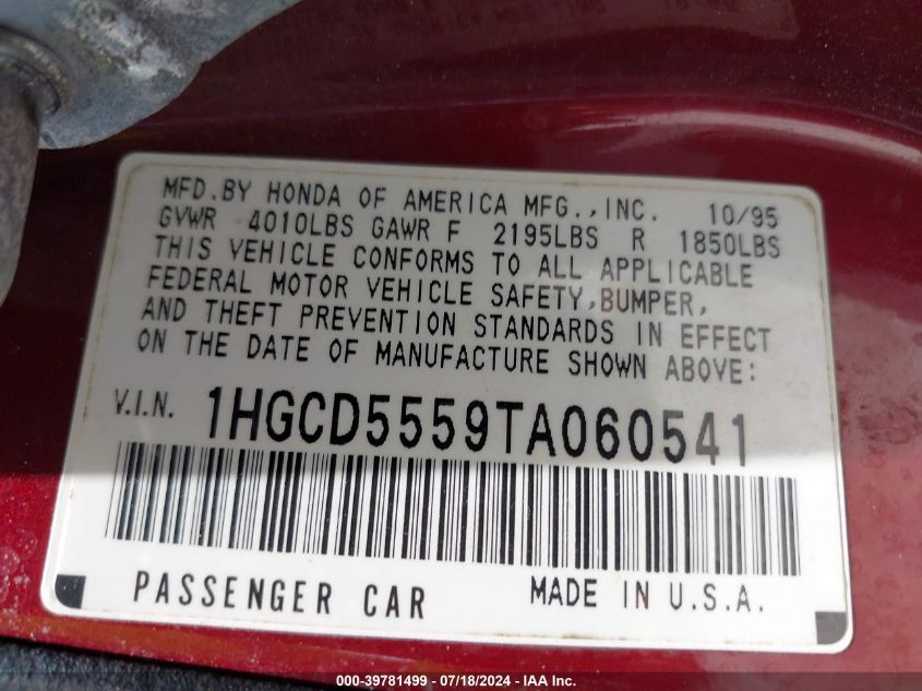 1996 Honda Accord Ex/Ex-R VIN: 1HGCD5559TA060541 Lot: 39781499