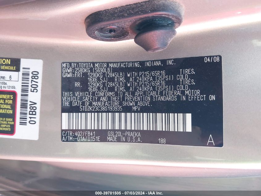 2008 Toyota Sienna Ce VIN: 5TDZK23C38S193935 Lot: 39781505