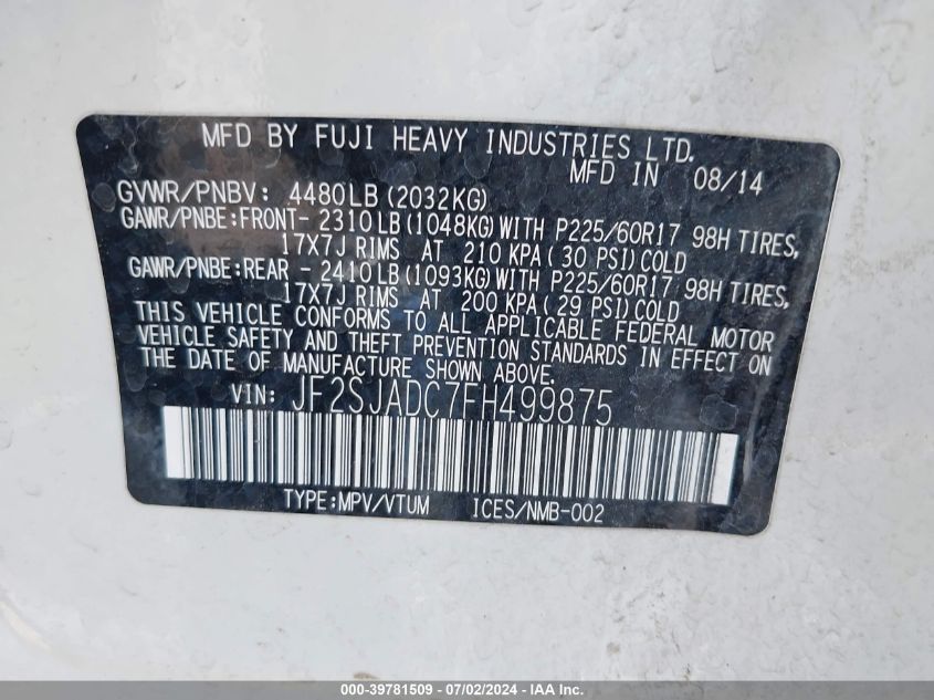 2015 Subaru Forester 2.5I Premium VIN: JF2SJADC7FH499875 Lot: 39781509