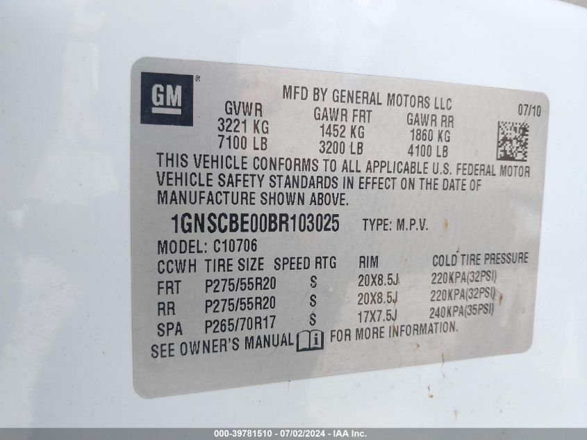 2011 Chevrolet Tahoe C1500 Lt VIN: 1GNSCBE00BR103025 Lot: 39781510