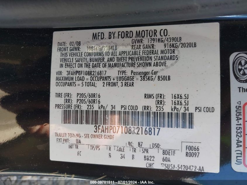 2008 Ford Fusion Se VIN: 3FAHP07108R216817 Lot: 39781511