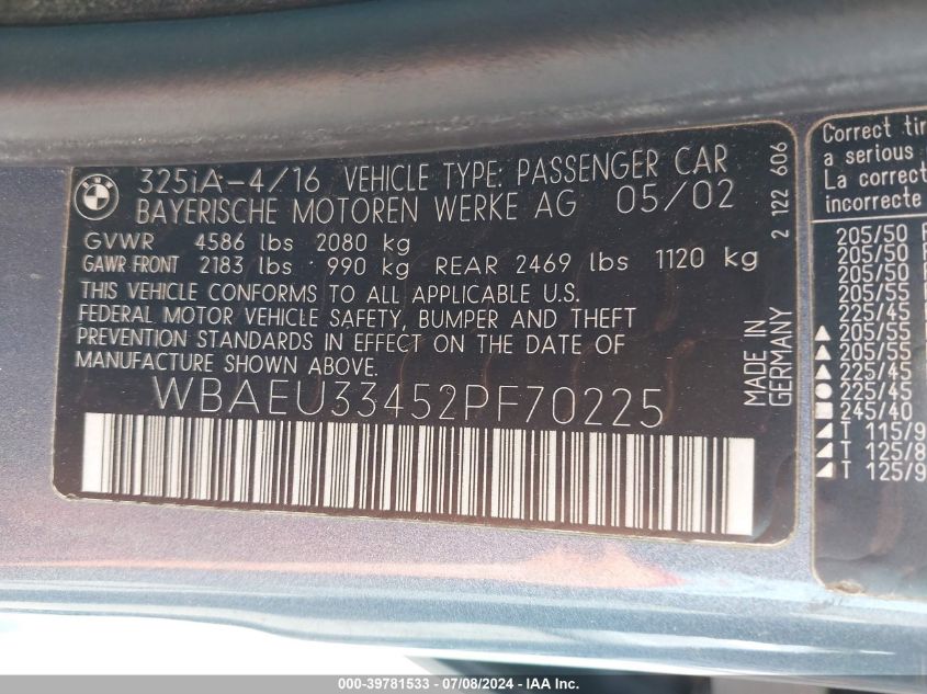 2002 BMW 325 Xi VIN: WBAEU33452PF70225 Lot: 39781533