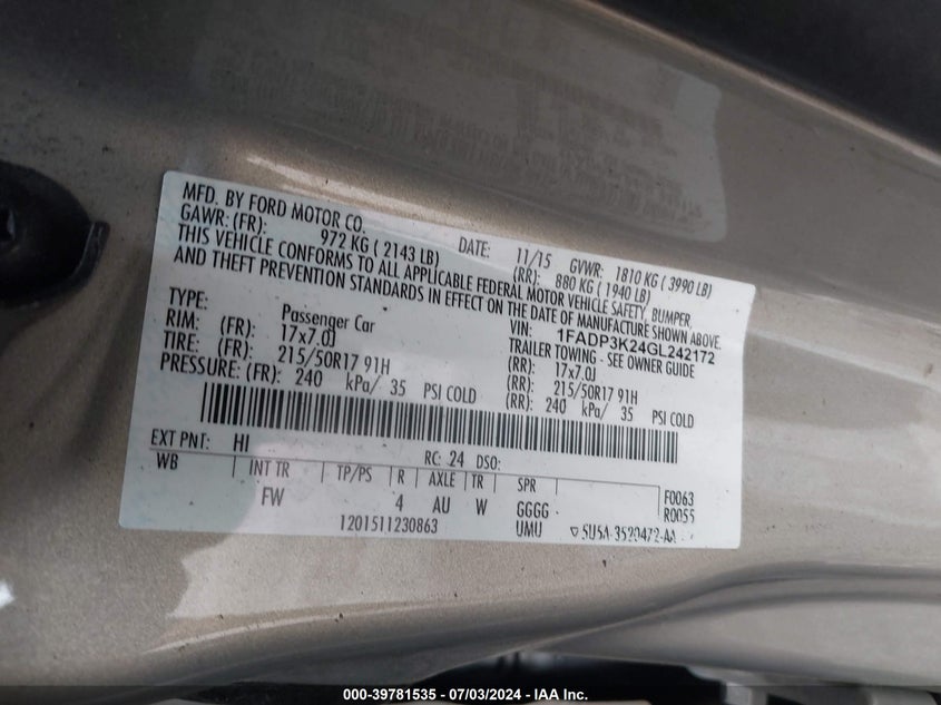 2016 Ford Focus Se VIN: 1FADP3K24GL242172 Lot: 39781535