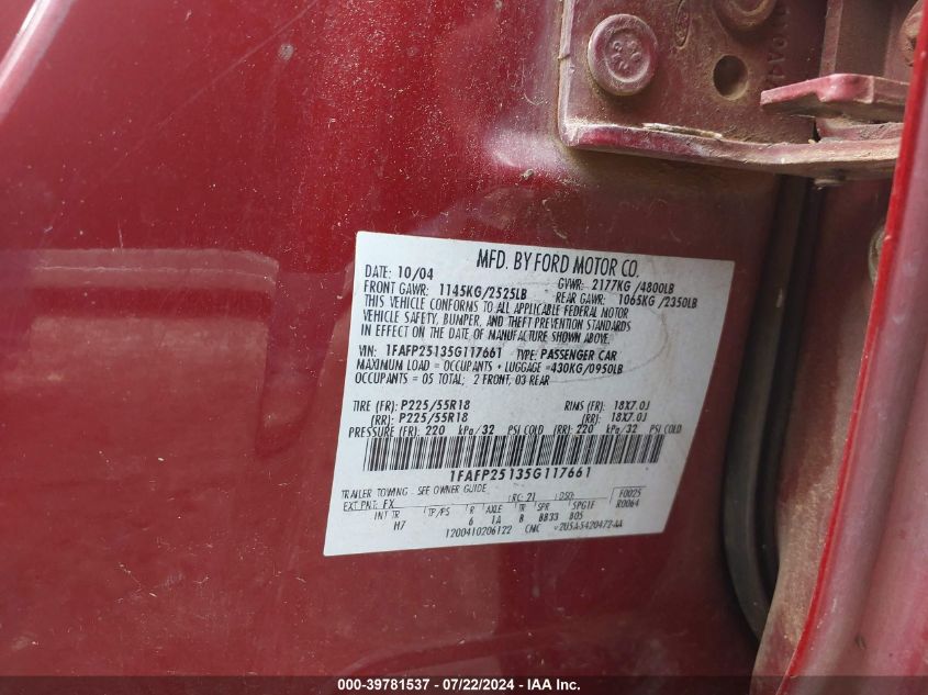2005 Ford Five Hundred Limited VIN: 1FAFP25135G117661 Lot: 39781537
