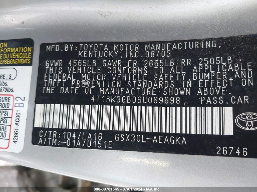 2006 Toyota Avalon Xls VIN: 4T1BK36B06U069698 Lot: 39781545