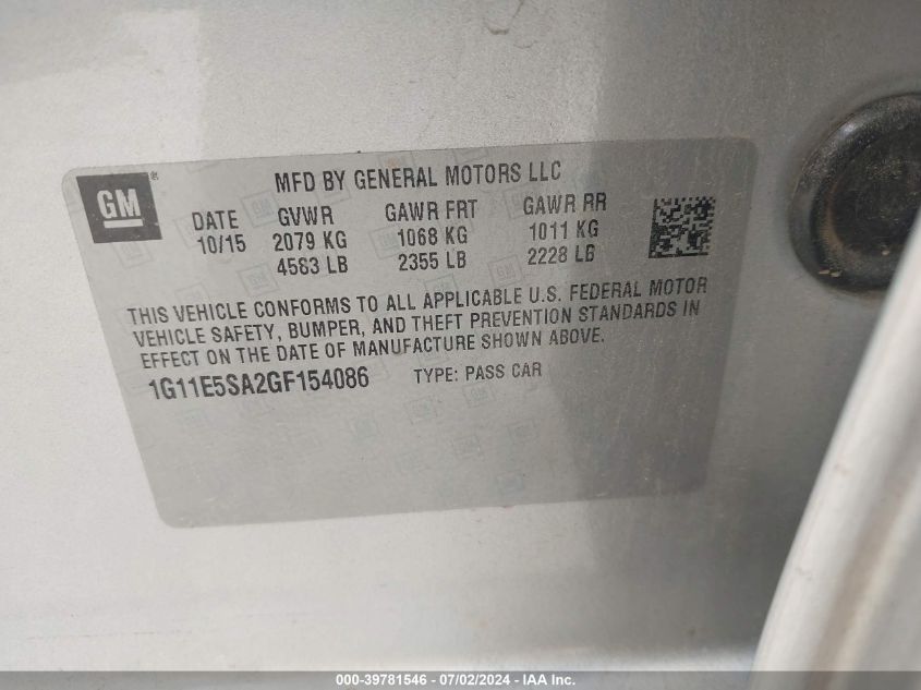 2016 Chevrolet Malibu Limited Ltz VIN: 1G11E5SA2GF154086 Lot: 39781546