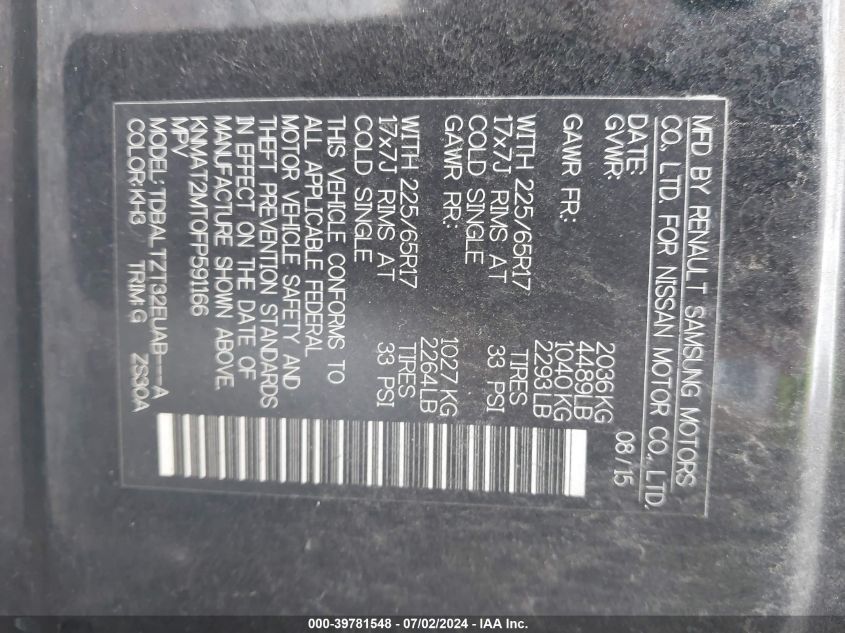 2015 Nissan Rogue Sv VIN: KNMAT2MT0FP591166 Lot: 39781548