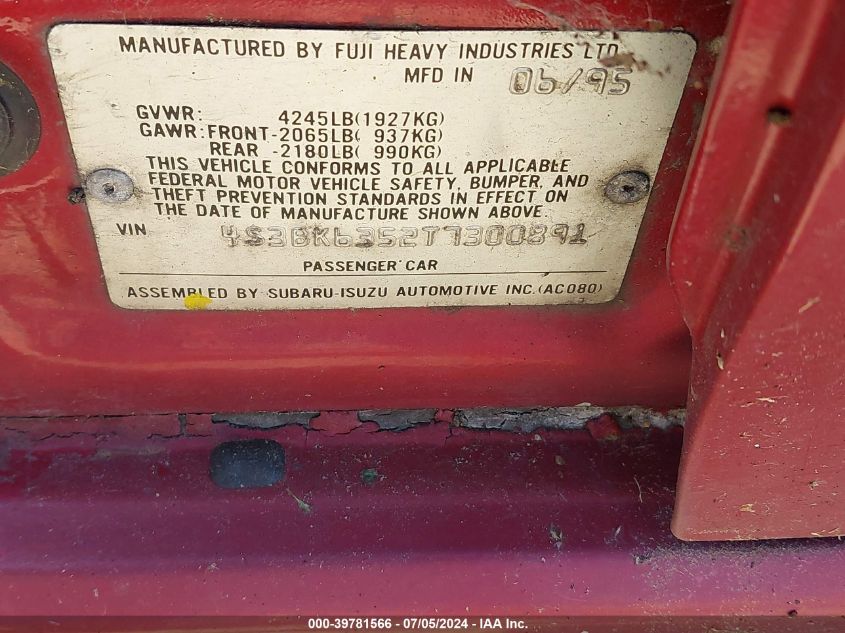 1996 Subaru Legacy L VIN: 4S3BK6352T7300891 Lot: 39781566