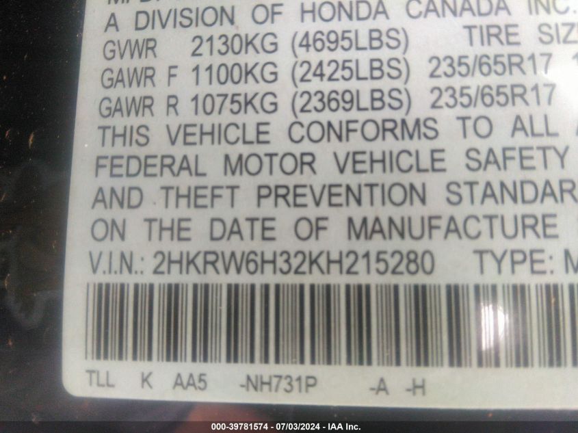 2019 Honda Cr-V Lx VIN: 2HKRW6H32KH215280 Lot: 39781574