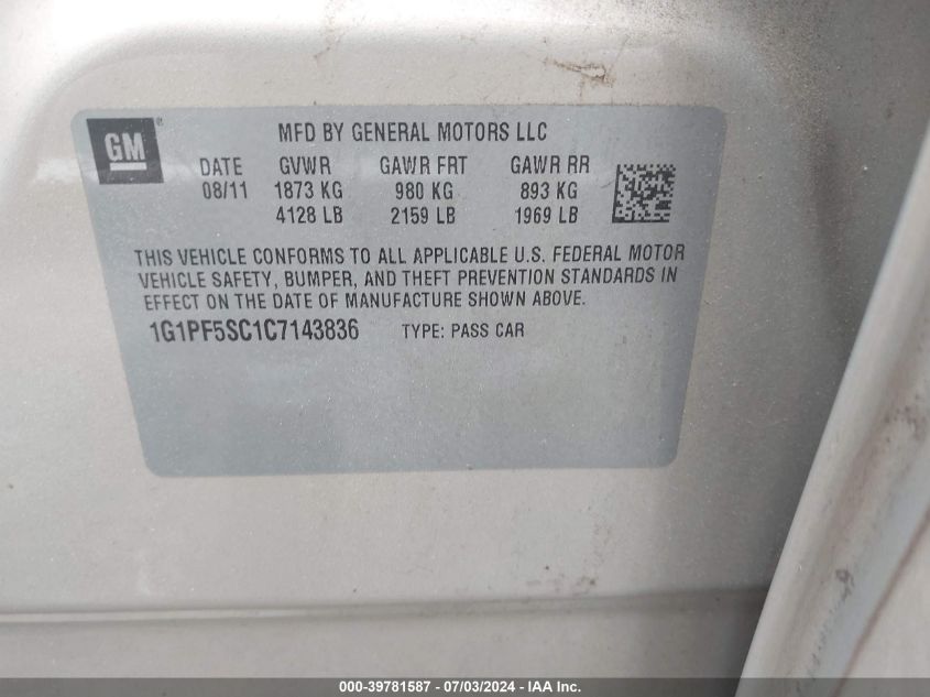 2012 Chevrolet Cruze 1Lt VIN: 1G1PF5SC1C7143836 Lot: 39781587