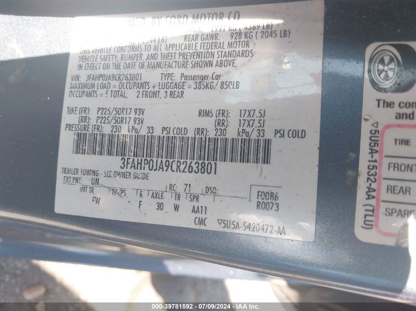 2012 Ford Fusion Sel VIN: 3FAHP0JA9CR263801 Lot: 39781592