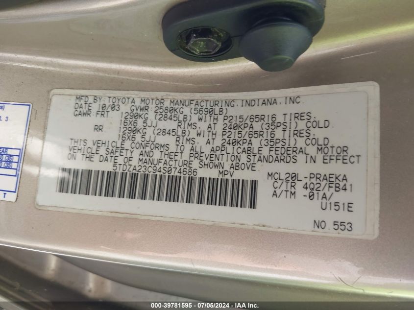 2004 Toyota Sienna Le VIN: 5TDZA23C94S074686 Lot: 39781595