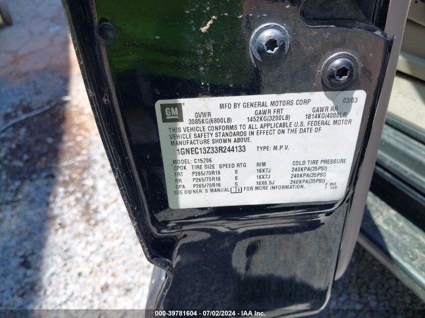 2003 Chevrolet Tahoe Lt VIN: 1GNEC13Z33R244133 Lot: 39781604