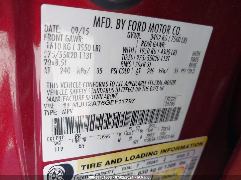 2016 Ford Expedition Limited VIN: 1FMJU2AT6GEF11797 Lot: 39781606