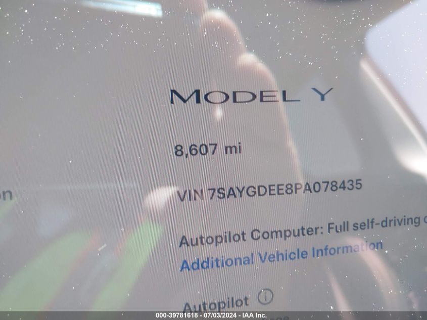 2023 Tesla Model Y Awd/Long Range Dual Motor All-Wheel Drive VIN: 7SAYGDEE8PA078435 Lot: 39781618