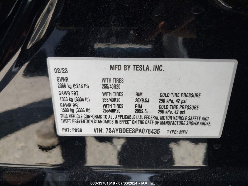 2023 Tesla Model Y Awd/Long Range Dual Motor All-Wheel Drive VIN: 7SAYGDEE8PA078435 Lot: 39781618