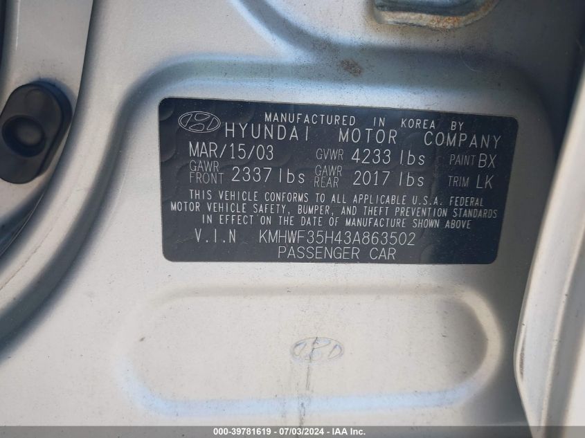 2003 Hyundai Sonata Gls/Lx VIN: KMHWF35H43A863502 Lot: 39781619