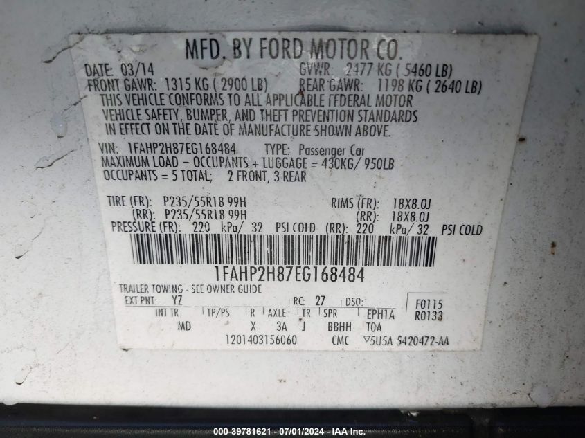 2014 Ford Taurus Sel VIN: 1FAHP2H87EG168484 Lot: 39781621