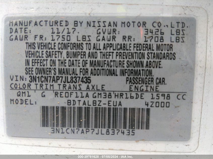2018 Nissan Versa 1.6 Sv VIN: 3N1CN7AP7JL837435 Lot: 39781628