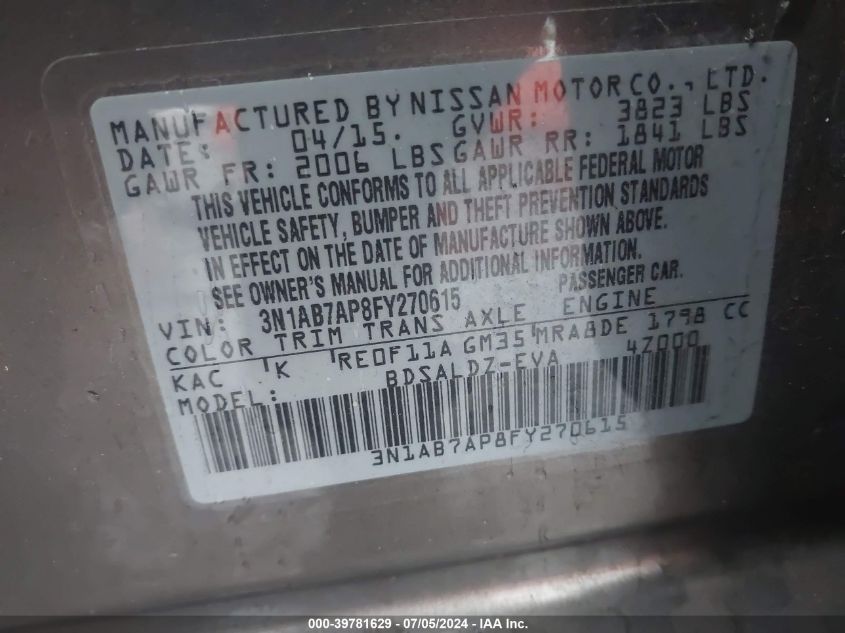 2015 Nissan Sentra Sv VIN: 3N1AB7AP8FY270615 Lot: 39781629