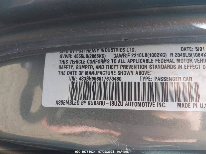 2001 Subaru Outback Limited VIN: 4S3BH686817673480 Lot: 39781634