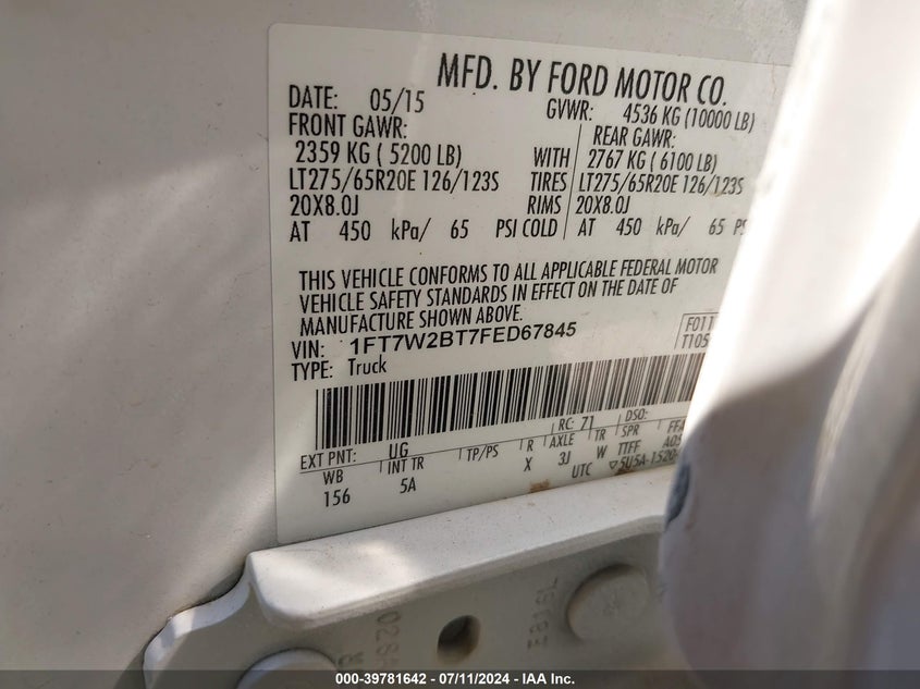 2015 Ford F-250 Lariat VIN: 1FT7W2BT7FED67845 Lot: 39781642