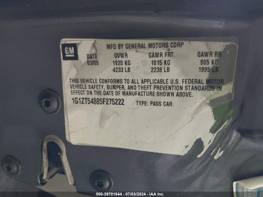 2005 Chevrolet Malibu Ls VIN: 1G1ZT54885F275222 Lot: 39781644