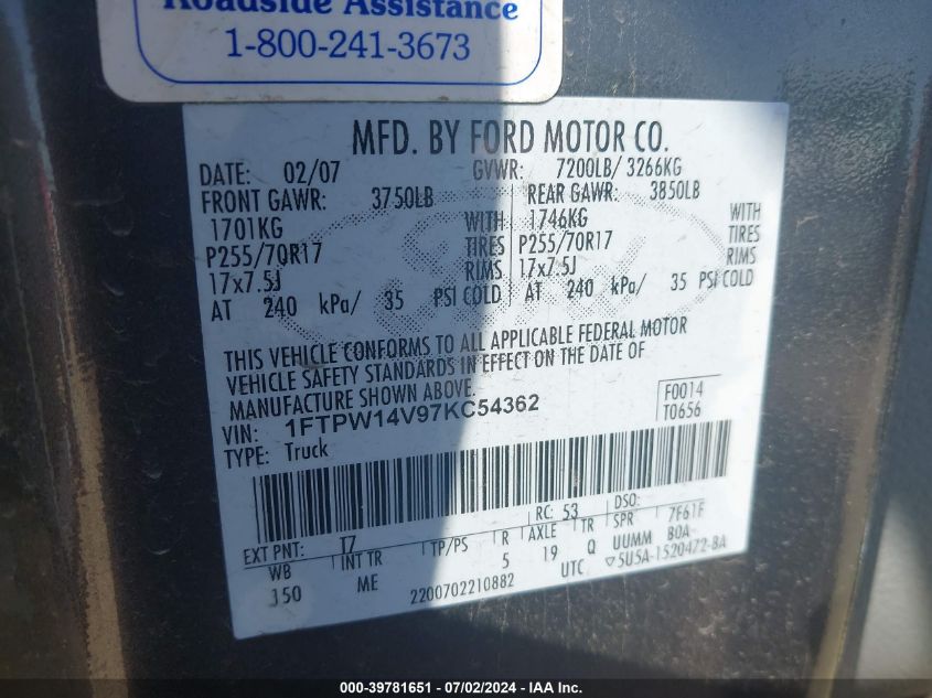 2007 Ford F150 Supercrew VIN: 1FTPW14V97KC54362 Lot: 39781651