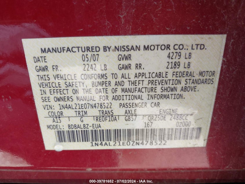 2007 Nissan Altima 2.5 S VIN: 1N4AL21E07N478522 Lot: 39781652