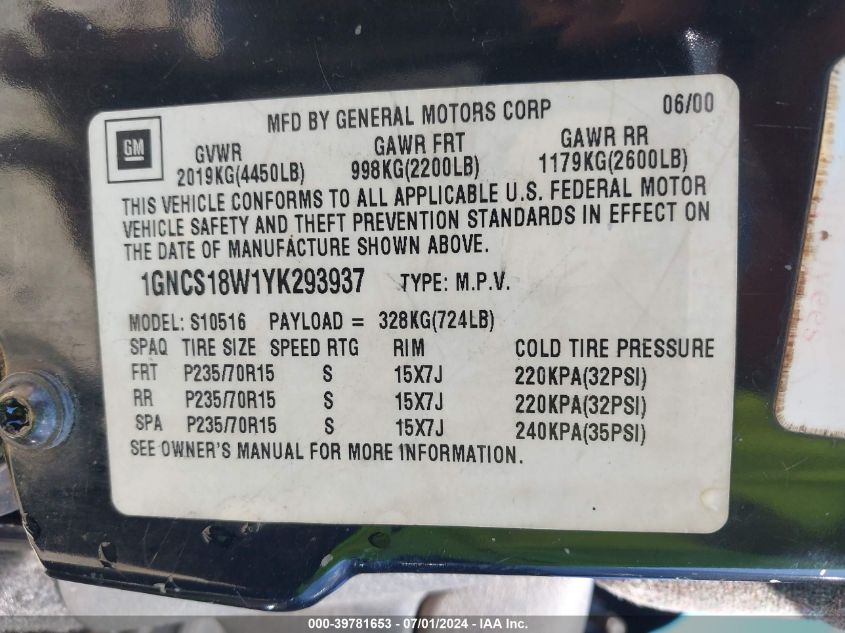 2000 Chevrolet Blazer Ls VIN: 1GNCS18W1YK293937 Lot: 39781653