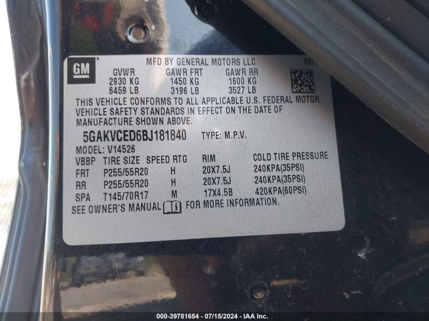 2011 Buick Enclave 2Xl VIN: 5GAKVCED6BJ181840 Lot: 39781654